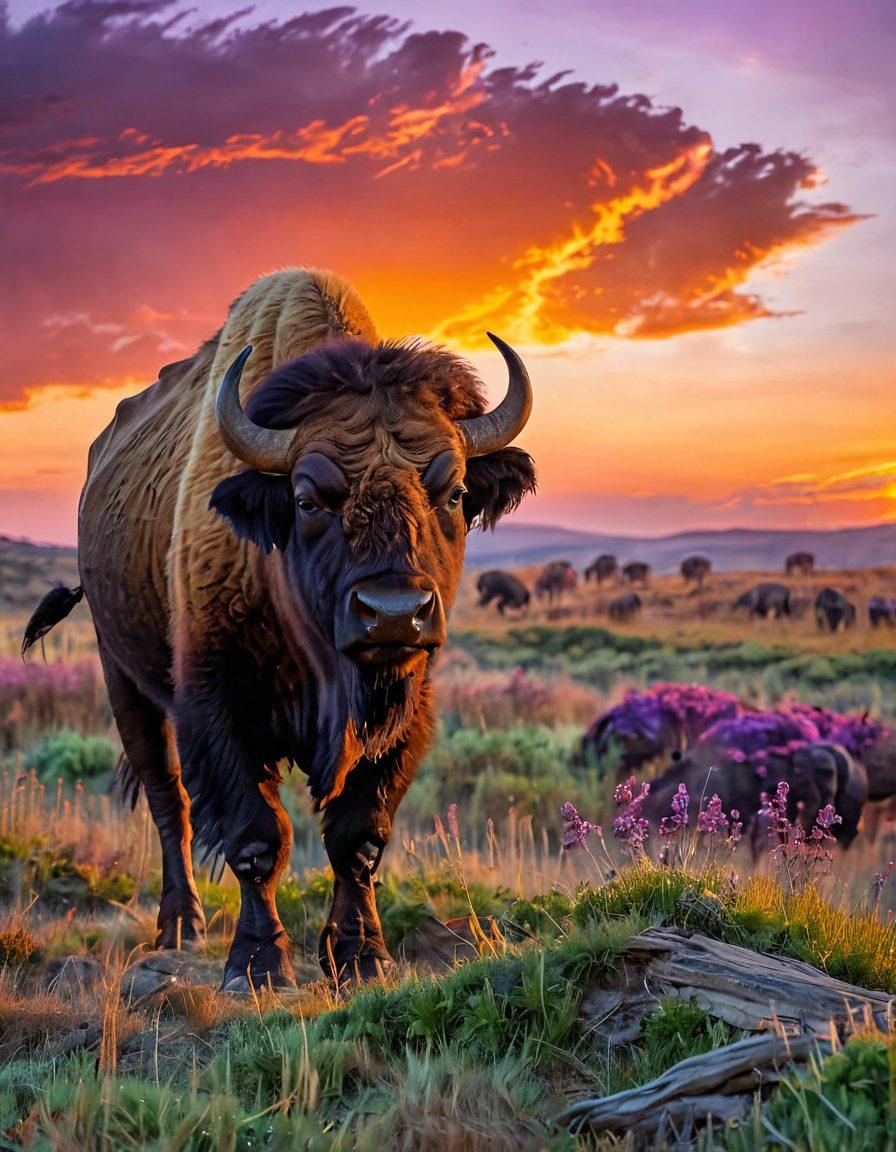 A breathtaking scene of a majestic buffalo standing atop a grassy hill at sunset, with vibrant orange and purple skies illuminating the landscape. In the foreground, capture a photographer with a camera, intently focusing on the buffalo, showcasing the art of wildlife photography. Include a blurred backdrop of other wildlife in a serene setting, emphasizing the beauty of nature. super-realistic. vibrant colors. panoramic view.