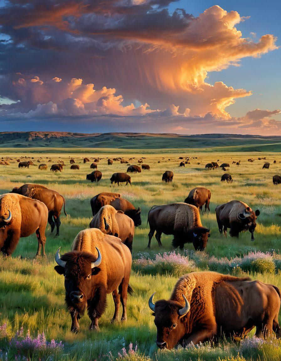 A wide-open prairie landscape showcasing a herd of majestic bison grazing under a bright, expansive sky. Include hints of wildflowers in the foreground, capturing the essence of natural beauty and wildlife. The lighting should suggest dawn or dusk, adding warmth to the scene, while emphasizing the bison in their element. super-realistic. vibrant colors. panoramic view.