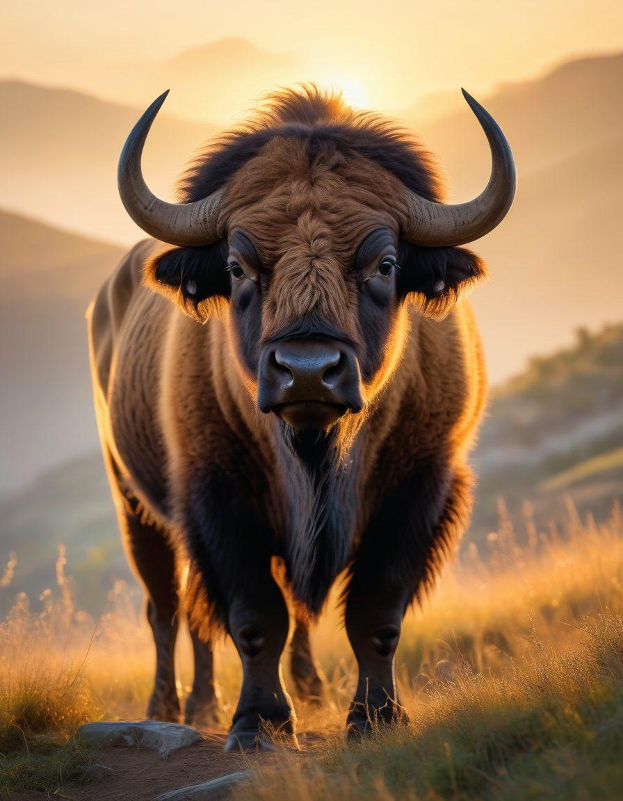 A majestic buffalo standing atop a scenic hill at golden hour, with early morning mist rolling in from the valley below. Capture the intricate details of its fur and expressive eyes, showcasing the play of light and shadows. Surround with a soft, blurred background of lush grasslands and distant mountains, inviting viewers into the wilderness. Incorporate lens flares for a magical touch. super-realistic. vibrant colors. golden hour lighting.